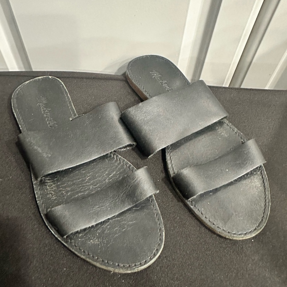 Madewell Boardwalk Black Leather Slides, Wide Band Flats Made in Brazil Sz 7 - Picture 2 of 10